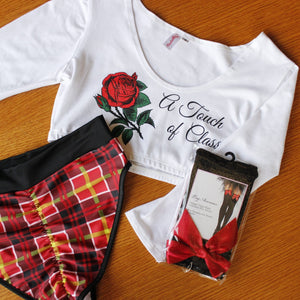 'A Touch of Class' 3/4 Sleeve Crop Top with Red Rose