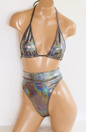 Hologram Bikini Set with Triangle Top and Highcut Thongback Bottoms in Silver