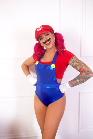 Gaming Bros Blue Pin-Up Overalls Set w Red Crop Top
