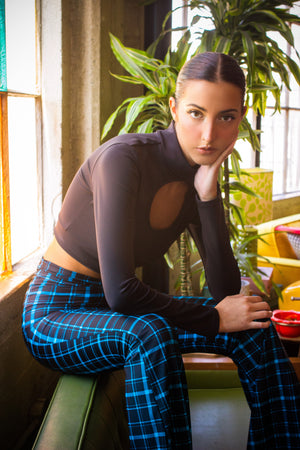 Retro Plaid Flare Pants in Black and Turquoise