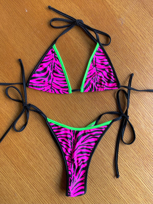 Bikini with Triangle Top and Tie-Side Thong in Hot Pink Zebra