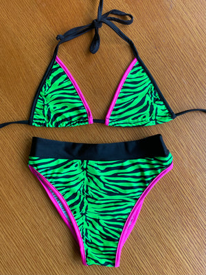 Bikini with Triangle Top and Highcut Scrunchback Bottom in Lime Green Zebra