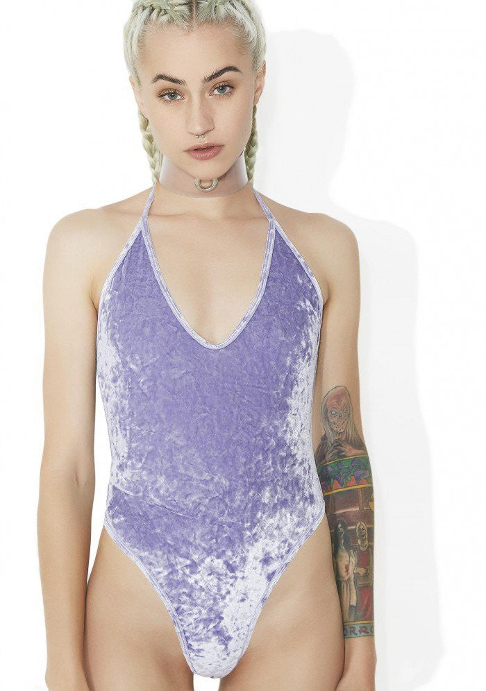 Crushed Velvet High Cut Halter Bodysuit in Lavender - The Sugarpuss  Collection