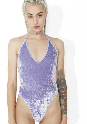 Crushed Velvet High Cut Halter Bodysuit in Lavender