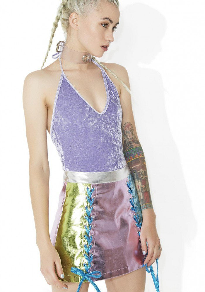 Crushed Velvet High Cut Halter Bodysuit in Lavender - The Sugarpuss  Collection