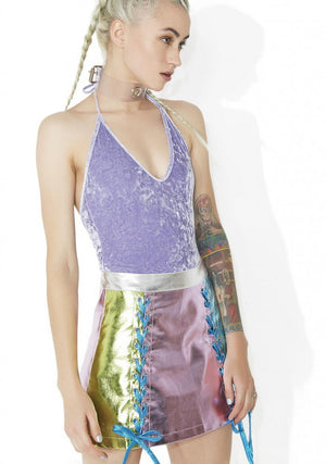 Crushed Velvet High Cut Halter Bodysuit in Lavender
