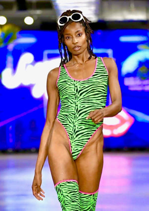 Highcut Onepiece Thong Swimsuit in Lime Green Zebra with Pink Trim