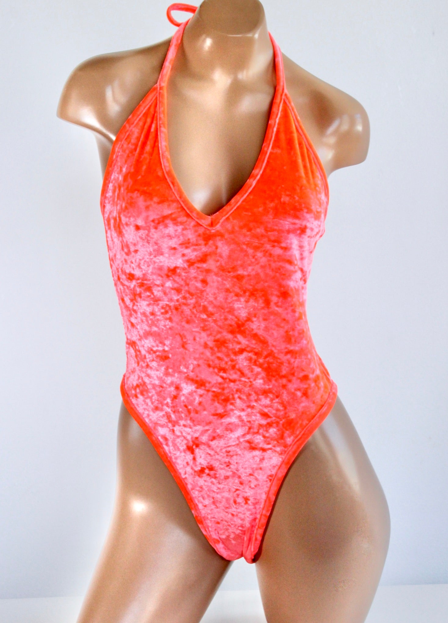 Neon Crushed Velvet High Cut Halter Bodysuit in Coral - The