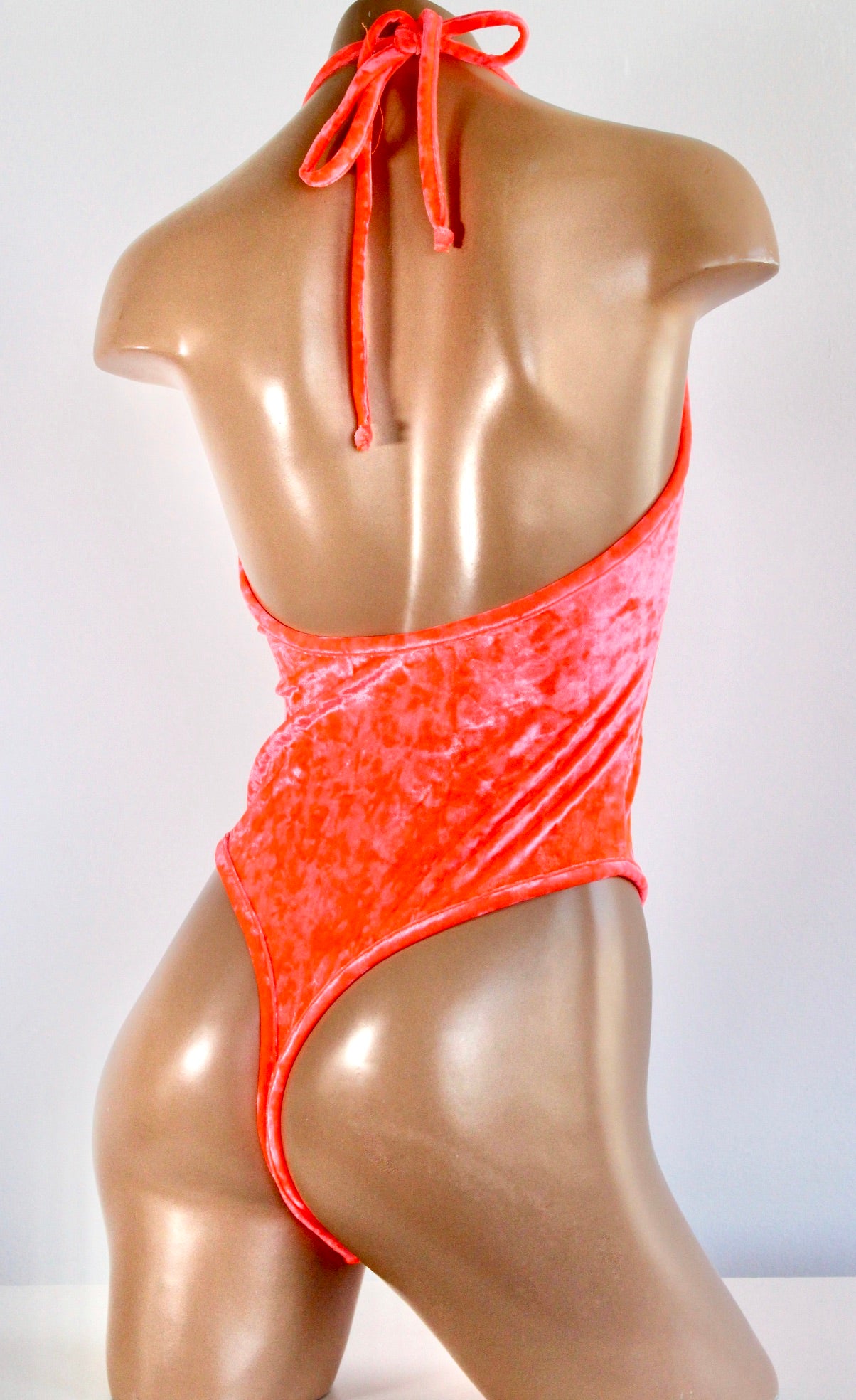 Neon Crushed Velvet High Cut Halter Bodysuit in Coral - The