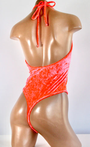 Neon Crushed Velvet High Cut Halter Bodysuit in Coral