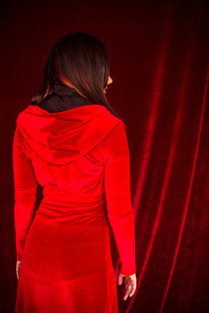 Velvet Hooded Duster Robe in Red