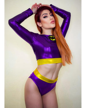 Purple Bat Hero Costume Set with Long Sleeve Top with Highcut Bottoms