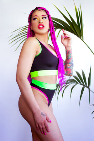 Neon Trim Bikini with Sporty Top and Highcut Thong