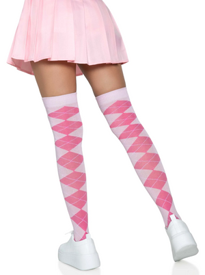 Argyle Plaid Over The Knee Knit Socks in Pink