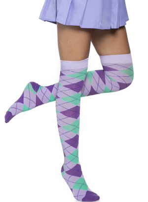 Argyle Plaid Over The Knee Knit Socks in Lavender and Mint Green