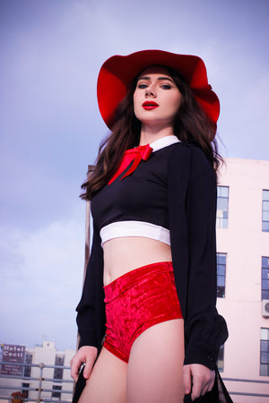 Red Metallic Velvet Cheeky Shorts