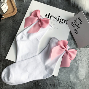 Anklet Socks with Satin Bows in White With Light Pink Satin Bows