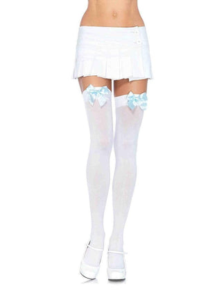 Opaque Bow Thigh High Stockings in White with Light Blue Bows