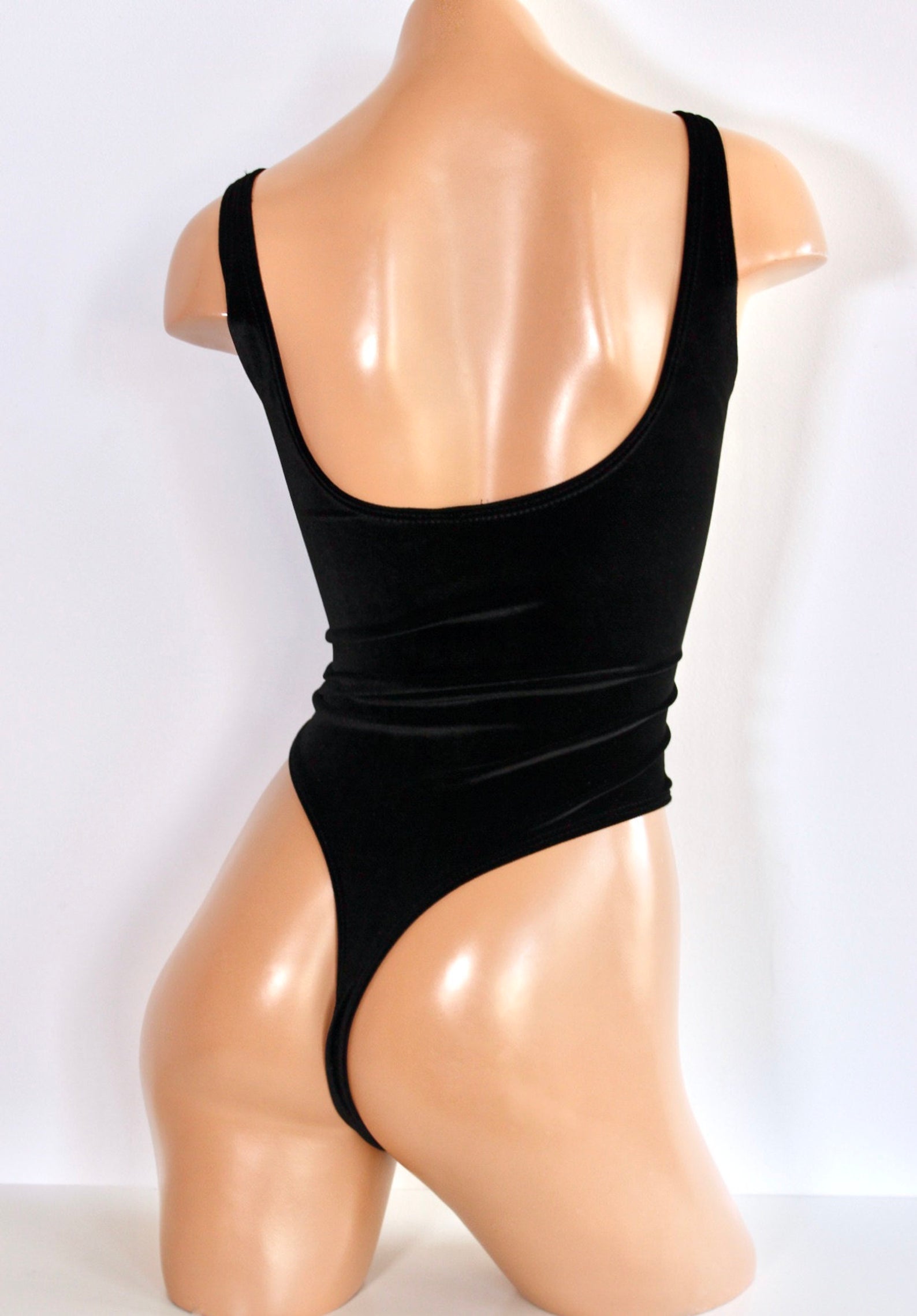 Plush Velvet Highcut Scoopneck Bodysuit in Black - The Sugarpuss Collection