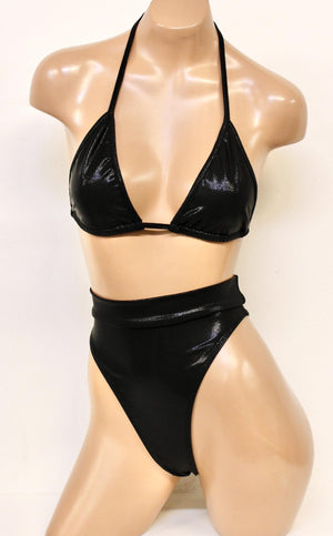 Hologram Bikini Set with Triangle Top and Highcut Thongback Bottoms in Black