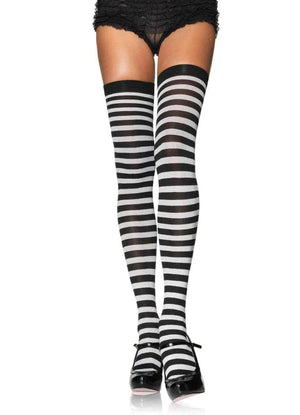 Opaque Stripe Thigh High Stockings in Black and White