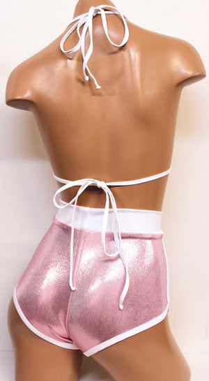 Jogger Shorts Set with Bikini Top in Baby Pink Hologram