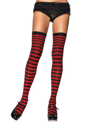 Opaque Stripe Thigh High Stockings in Black and Red