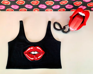 Lips Crop Tank in Black with Red Lips
