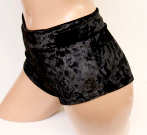 Crushed Velvet Highwaist Cheeky Shorts in Black