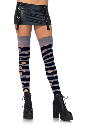Distressed Thigh High Stockings in Black and Grey Stripe