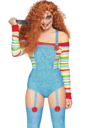 KILLER DOLL COSTUME, Long Sleeve Stripe Top, Pin-Up Overalls Suit, Doll Cosplay Costume