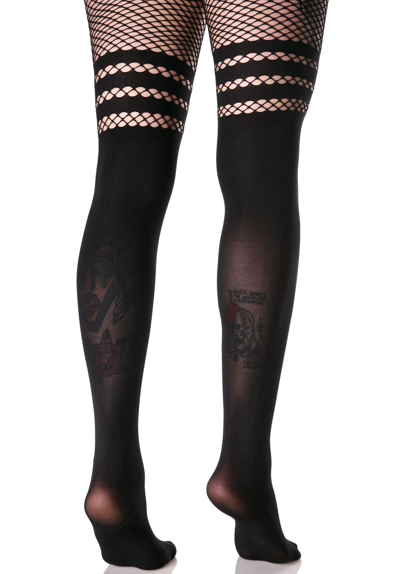Faux Thigh High Stockings with Fishnet in Black - The Sugarpuss Collection
