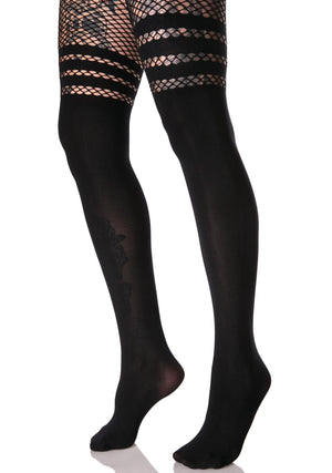 Faux Thigh High Stockings with Fishnet in Black