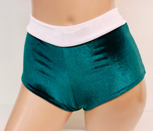 Santa's Helper Highwaist Cheeky Shorts in Forest Green Plush Velvet