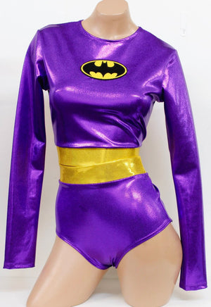 Purple Bat Hero Costume Set with Long Sleeve Top and Highwaist Bottoms
