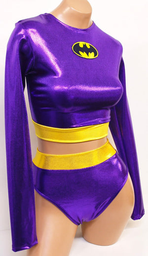 Purple Bat Hero Costume Set with Long Sleeve Top with Highcut Bottoms
