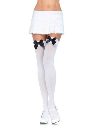 Opaque Bow Thigh High Stockings in White with Black Bows