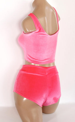 Plush Velvet Highwaist Cheeky Shorts in Neon Pink
