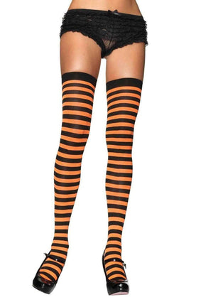 Opaque Stripe Thigh High Stockings in Black and Orange