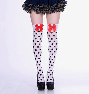 Thigh High Socks in White and Black Polka Dots with Red Bows
