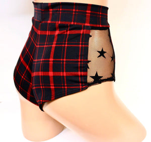 Plaid Cheeky Shorts with Mesh Side Panel in Red