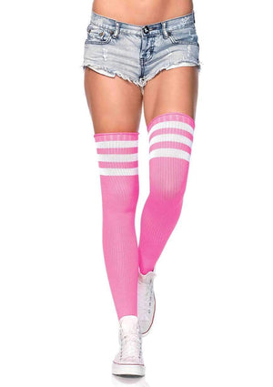 Athletic Thigh High Striped Tube Socks in Neon Pink and White