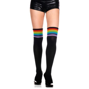 Thigh High Socks with Rainbow Stripes in Black