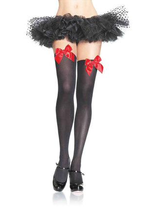 Opaque Bow Thigh High Stockings in Black with Red Bows