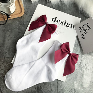 Anklet Socks with Satin Bows in White and Burgundy