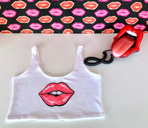 Lips Crop Tank in White with Neon Pink Lips