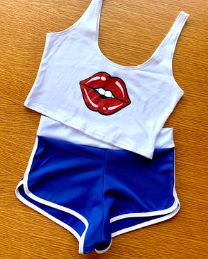 Lips Crop Tank in White with Red Lips