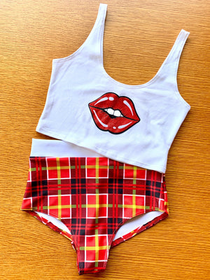 Lips Crop Tank in White with Red Lips