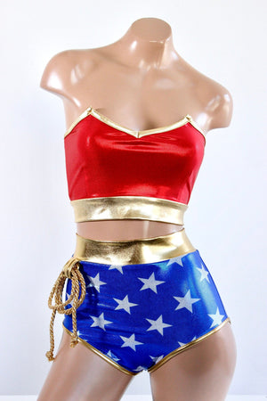 Star Superheroine Bustier Top and Pin Up Briefs Costume Set with Lasso